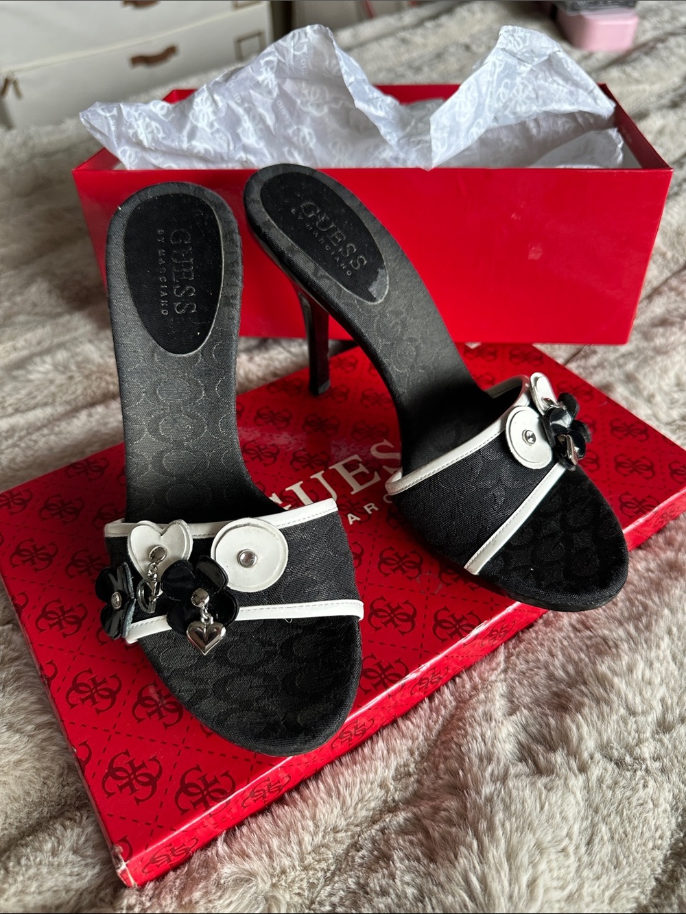 Guess by Marciano Black and White Floral Charm Stiletto Slides
